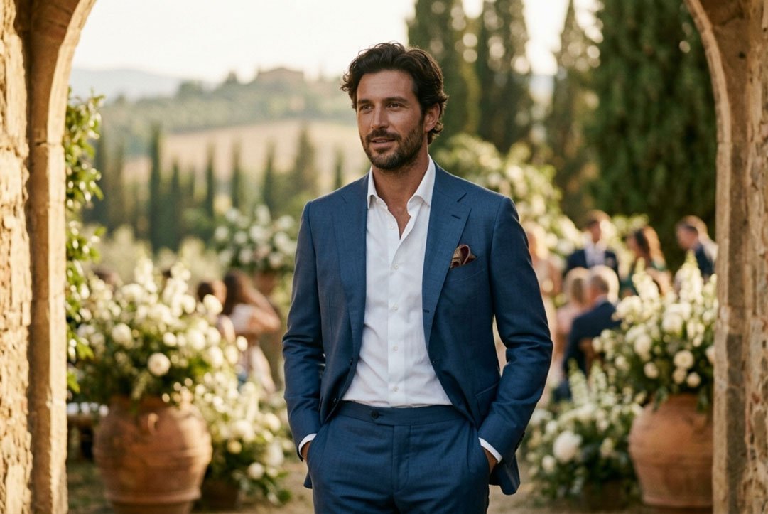 Mid-blue wool and silk blend peak lapel sport jacket for summer weddings – lightweight breathable Italian fabric with natural temperature regulation from DELETTO